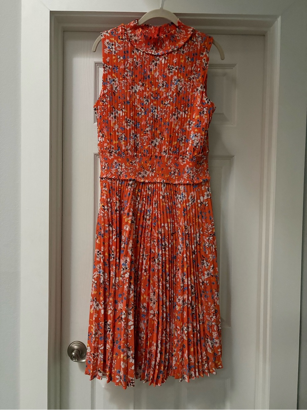 Nanette Lepore Orange Floral Pleated Midi Dress with Ruffled Neck